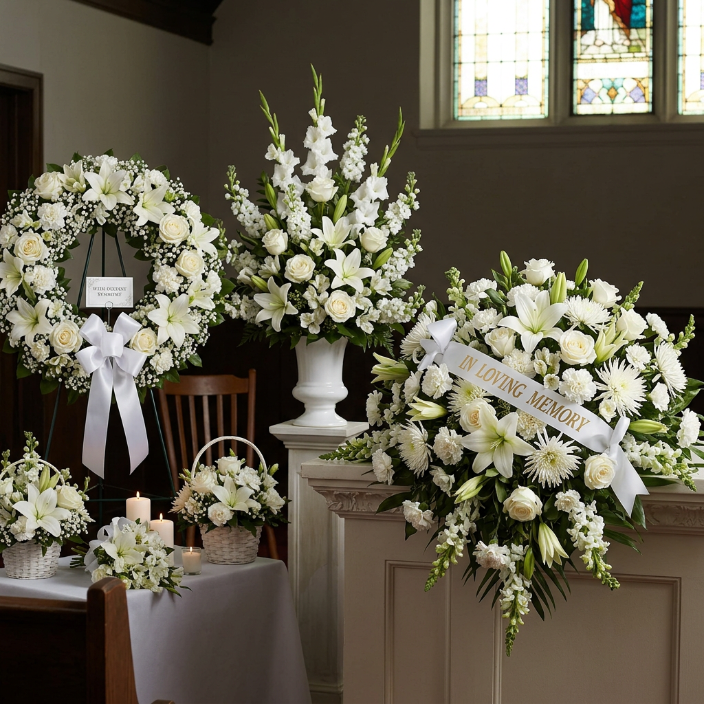 White funeral wreaths, bouquets, and candles arranged in a chapel setting