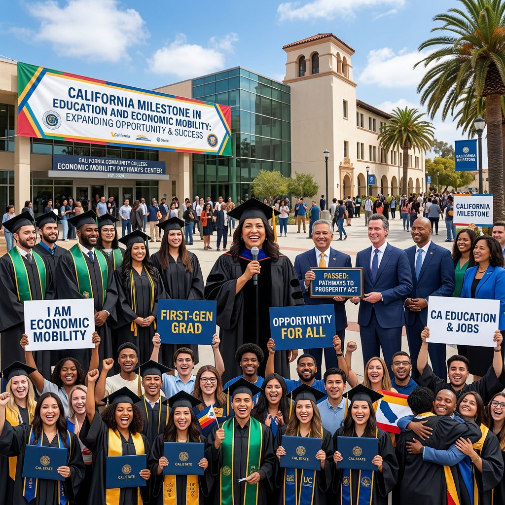 Graduates and leaders outside California Community College Economic Mobility Pathways Center; signs read California Milestone in Education and Economic Mobility, First-Gen Grad, Opportunity for All, I Am Economic Mobility, CA Education & Jobs, and Passed: Pathways to Prosperity Act.