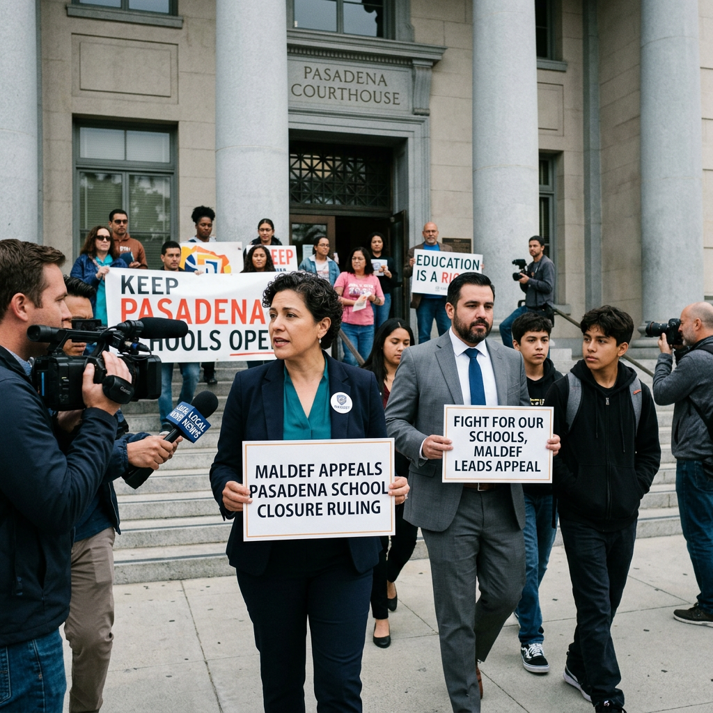 Advocates outside Pasadena Courthouse hold signs opposing school closures and supporting education.