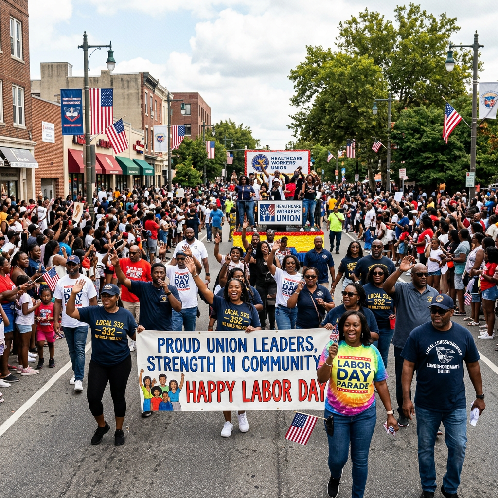 Labor Day parade banner reading “Proud Union Leaders, Strength in Community” and “Happy Labor Day”