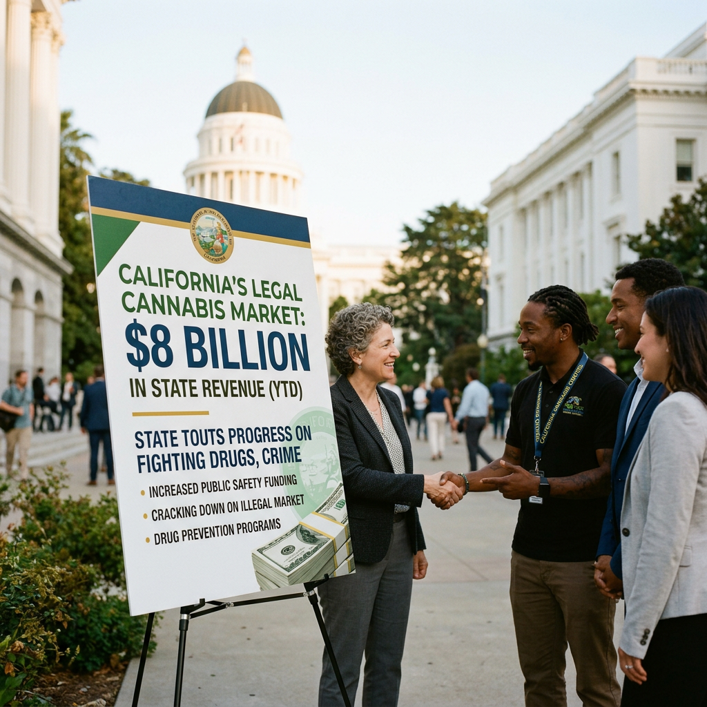 Sign reading “California’s Legal Cannabis Market: $8 Billion in State Revenue (YTD),” with officials shaking hands outside the California Capitol.