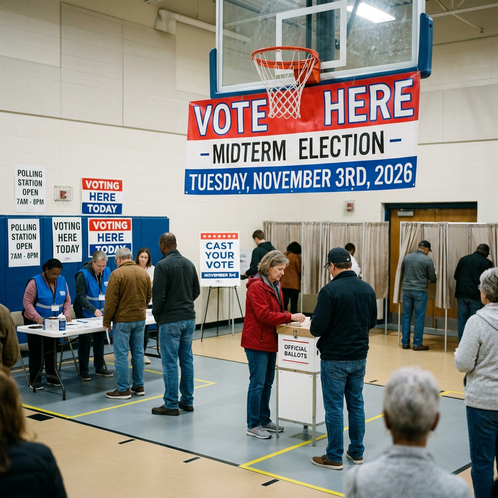 Voters at polling station beneath Vote Here midterm election sign for Tuesday, November 3rd, 2026.