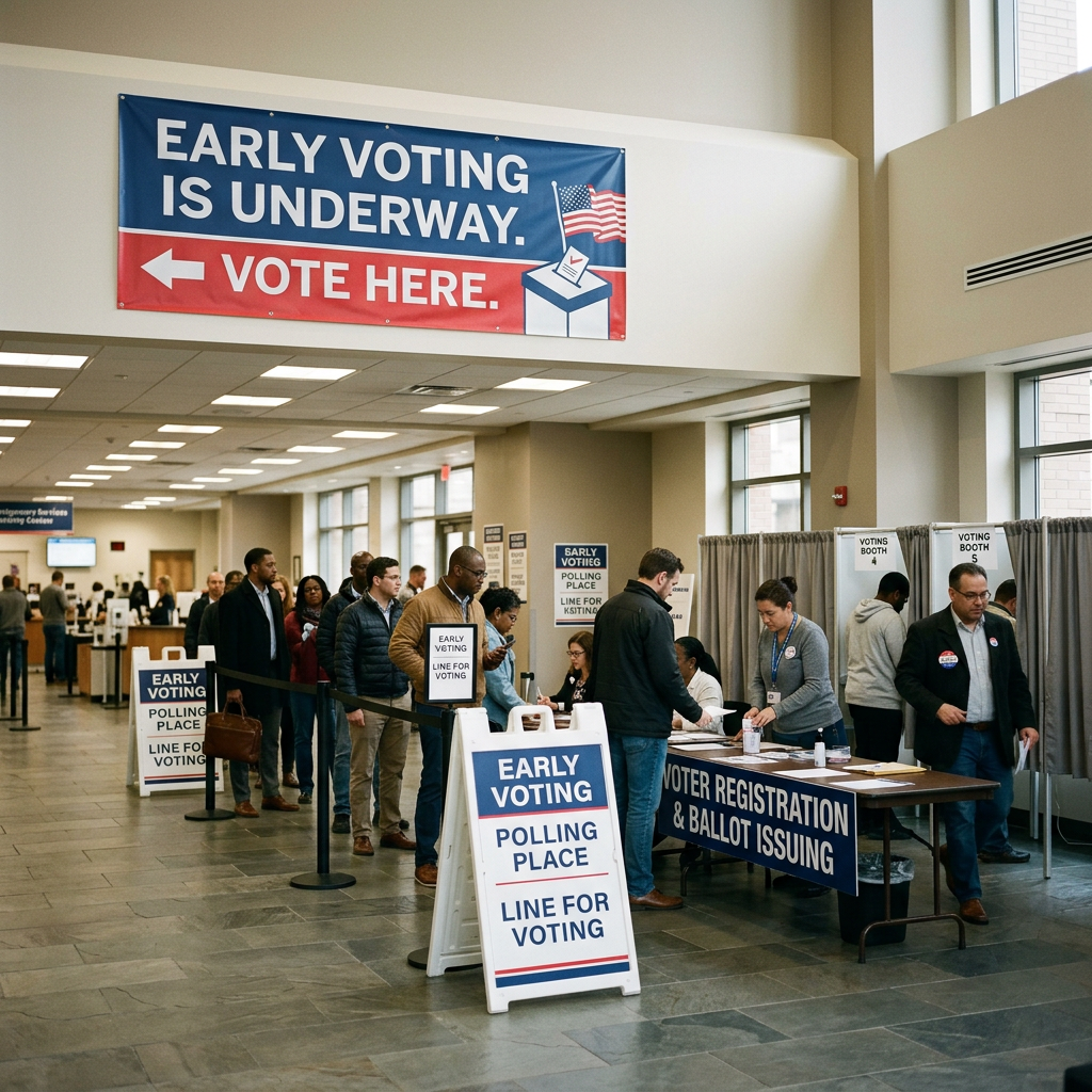 Voters line up inside an early voting polling place